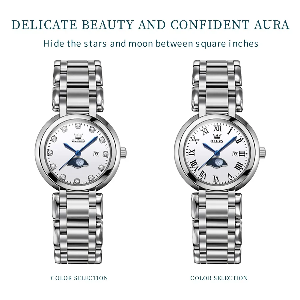 OLEVS Minimalismo Orologio alla moda per donna Luna Fasi impermeabili Calendario Orologio da polso al quarzo in acciaio inossidabile Reloj mujer