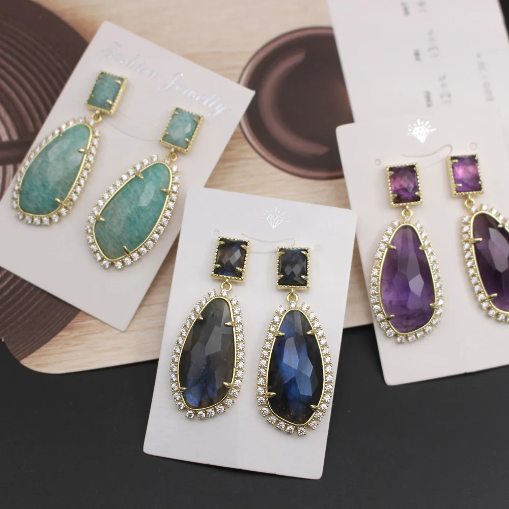 1pair Natural Gem Amazonite Labradorite Stone CZ Zirconia Earrings Post Women Bridal Ear Studs Wedding Party Gift Boho Jewelry