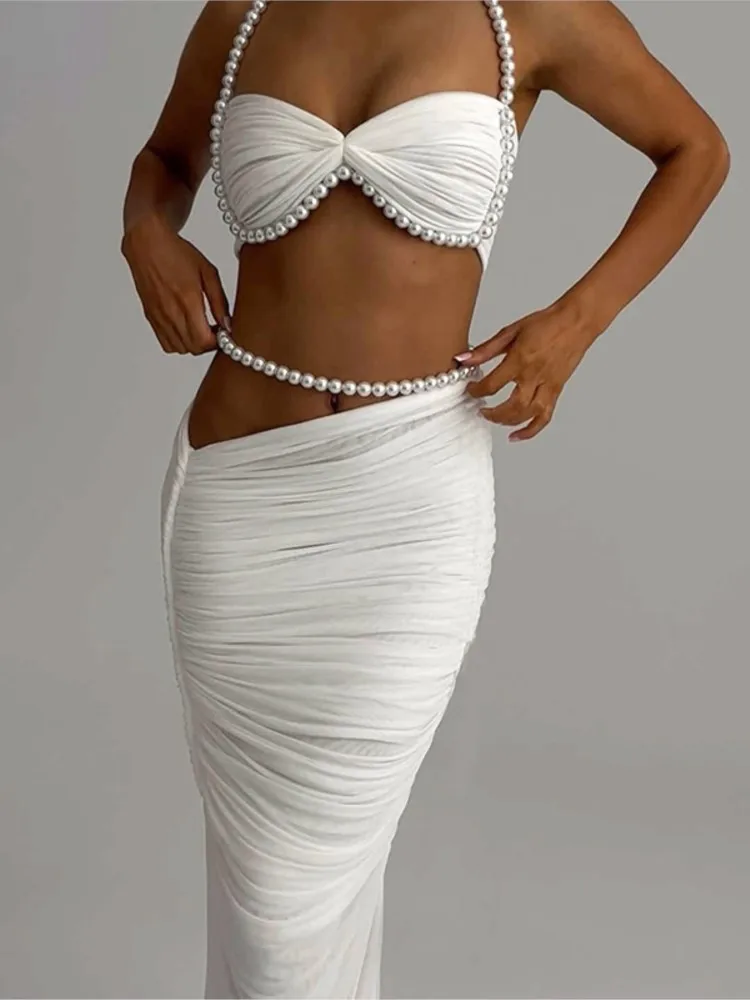 

Elegant 2 Piece Set Dresses Women Spaghetti Strap Tops And Slim Long Maxi Skirts Sexy Club Female Streetwear Matching Suit