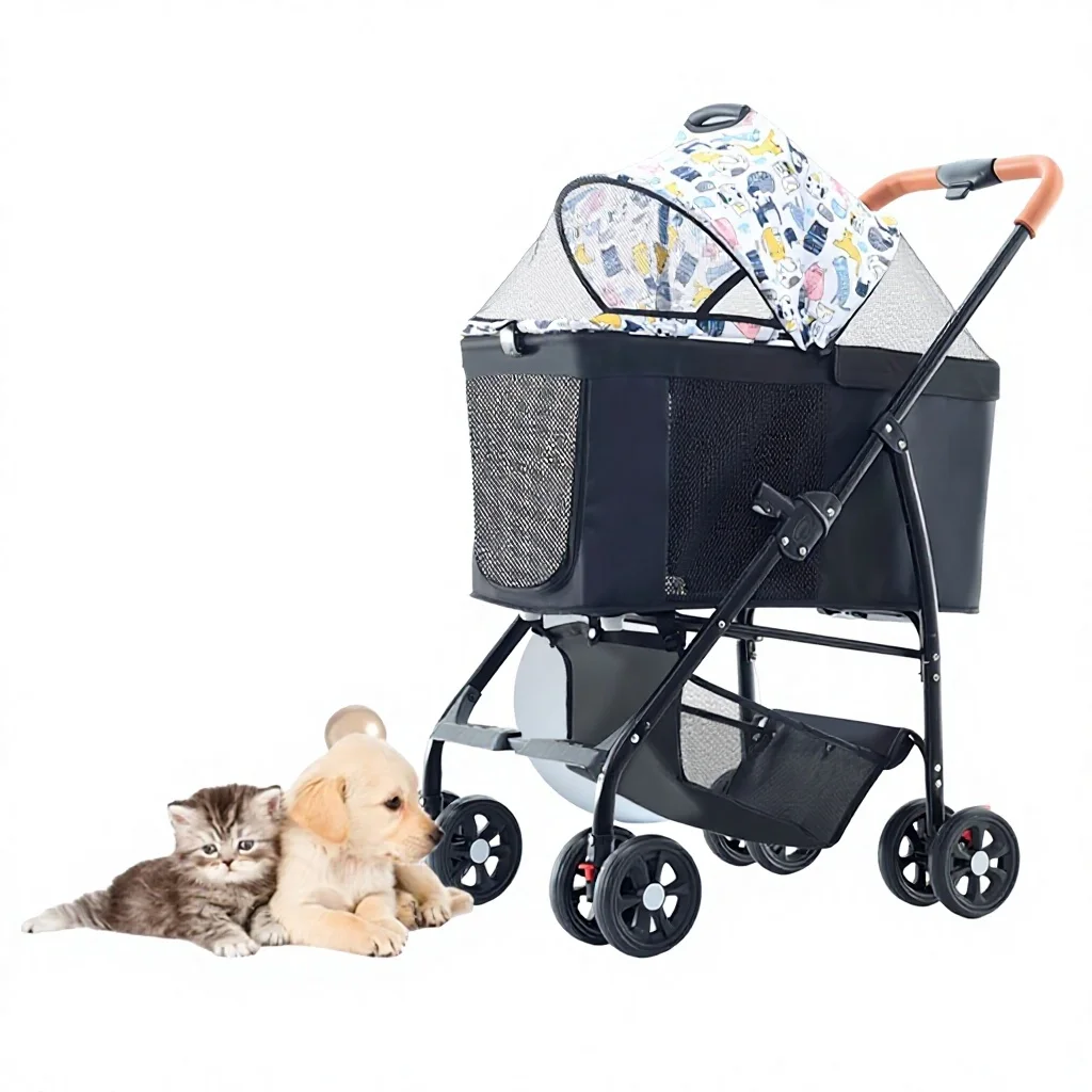 Metal Lightweight Folding Shock-Absorbing Four-Wheel Pet Stroller for Cat & Dog Outdoor Small Pet Carrier Outings