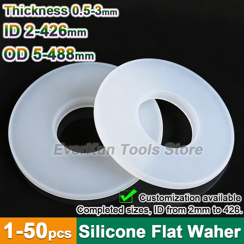 1-50pcs White VMQ Flat Gasket Seal Rings 0.5/1/2/3mm Thickness ID 2-426mm White Silicone Rubber Washer Sealing O-ring OD 5-488mm