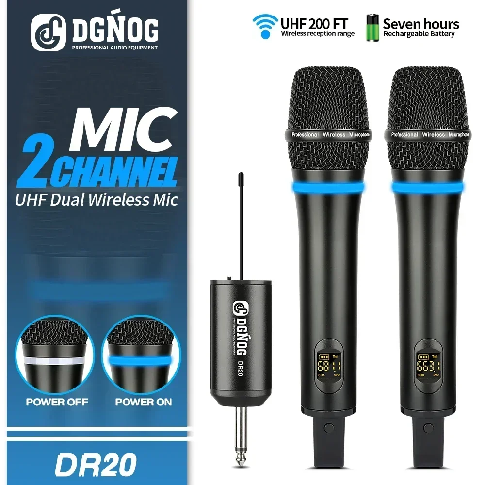 Dual Wireless Microphone DGNOG DR20 Professional 2 Channel UHF Handheld Dynamic Karaoke Mic for Speaker Church Singing DJ Party