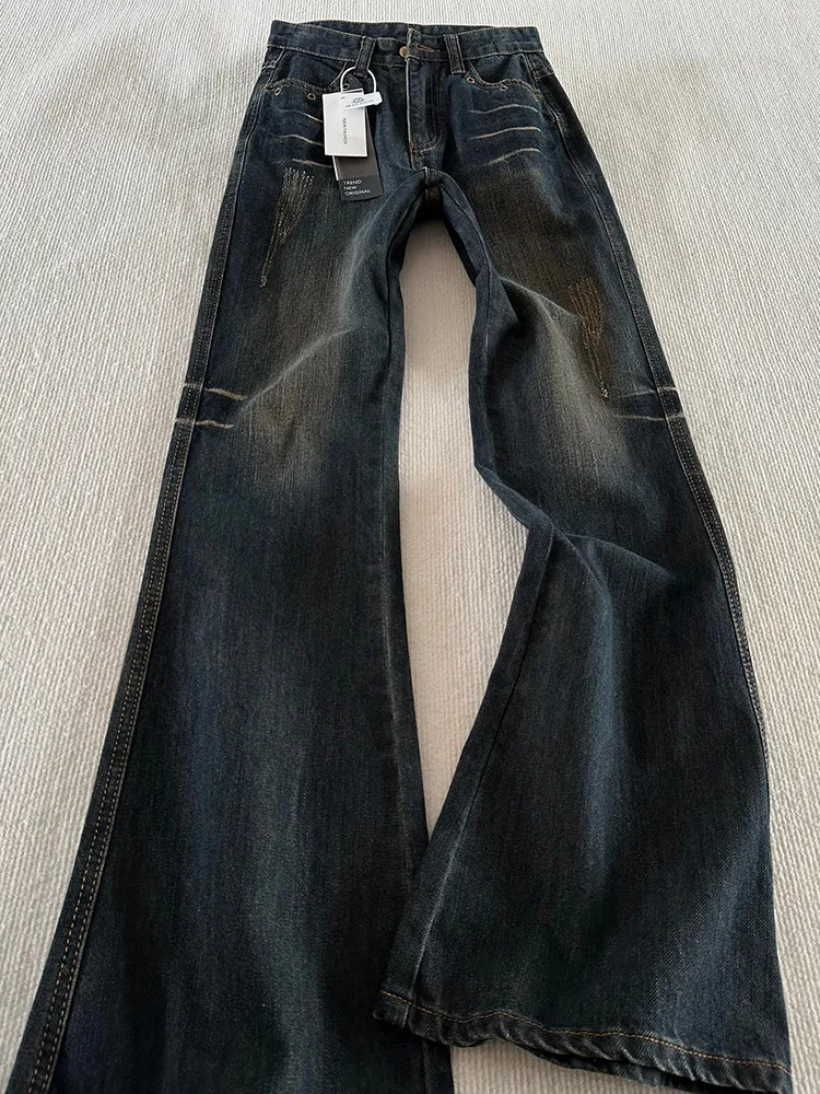 Retro American Washed Light Luxury Street Style Work Pants Claw Mark Straight Leg Micro Flared Jeans Blue Grey Casual Wear