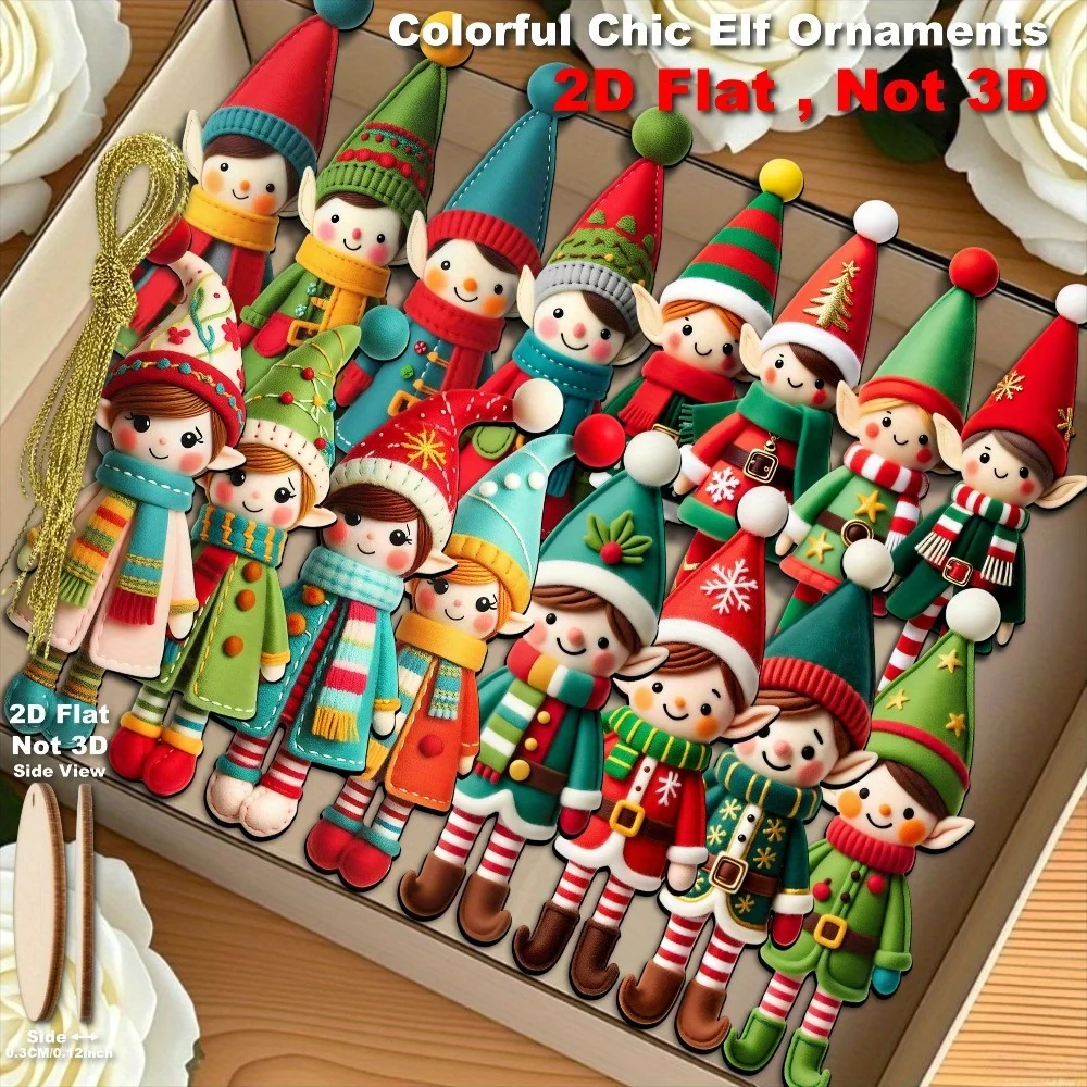16pcs Set Recycled Wood Elf Figurines - 2D Flat Colorful Classic Elf Ornaments, 4.72
