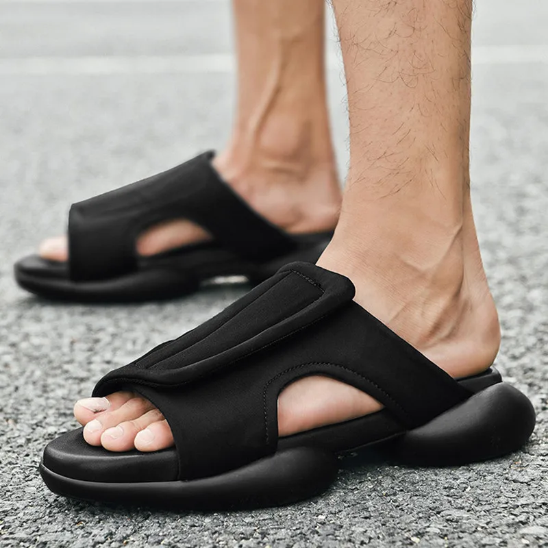 Sandals For Men Stylish Buckle Casual Shoes Nylon Cloth Black Sandals Height Increasing Slippers Trendy Men\'s Sandals