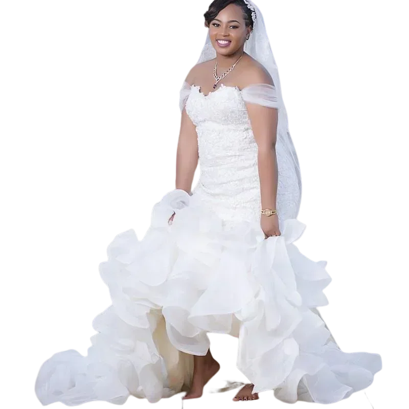 

Свадебное платье с открытыми плечами и кружевной аппликацией по индивидуальному заказу, Robe De Mariage, корсет из органзы сзади, каскадное свадебное платье с рюшами