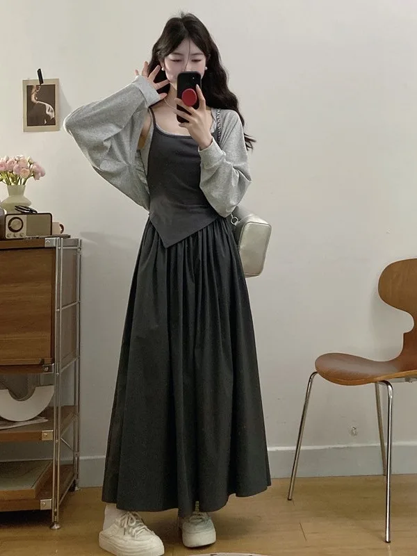 

Large Size Women's Faion Set Autumn 2025 Pear ape Fake Two-Piece Strap Dr Outer Cardigan Two-Piece Set Long Sve T-S...