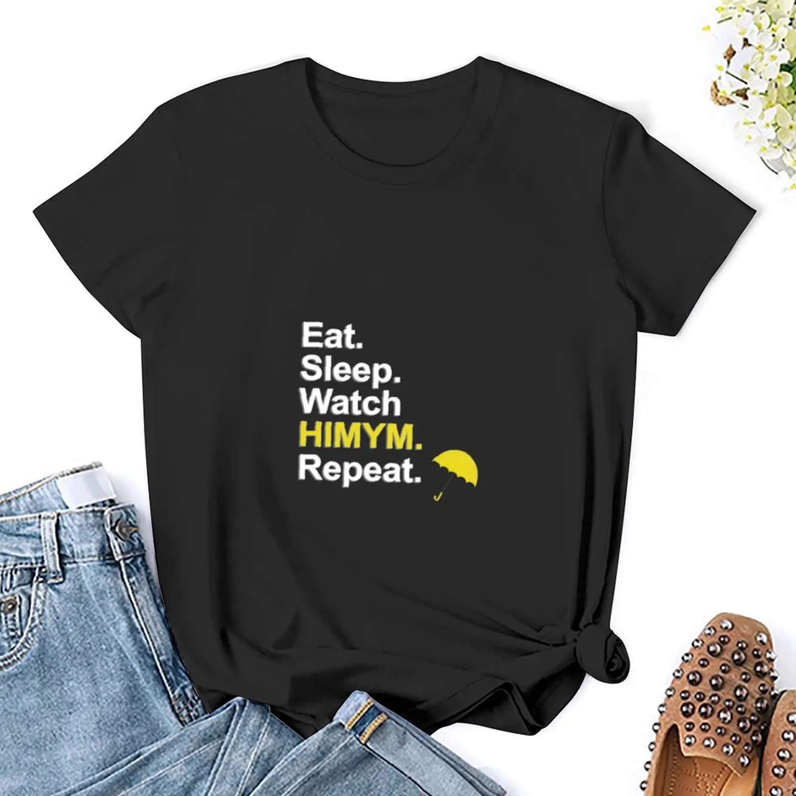 Roupas estéticas para mulheres, comer dormir e assistir himym, repetir, t-shirt completa, moda Tee