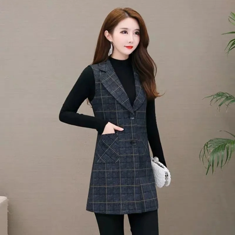 Women Long Blazer Vest Elegant Office Lady Plaid Coat Female Waistcoat Causal Suits Sleeveless Jacket Pocket Outwear