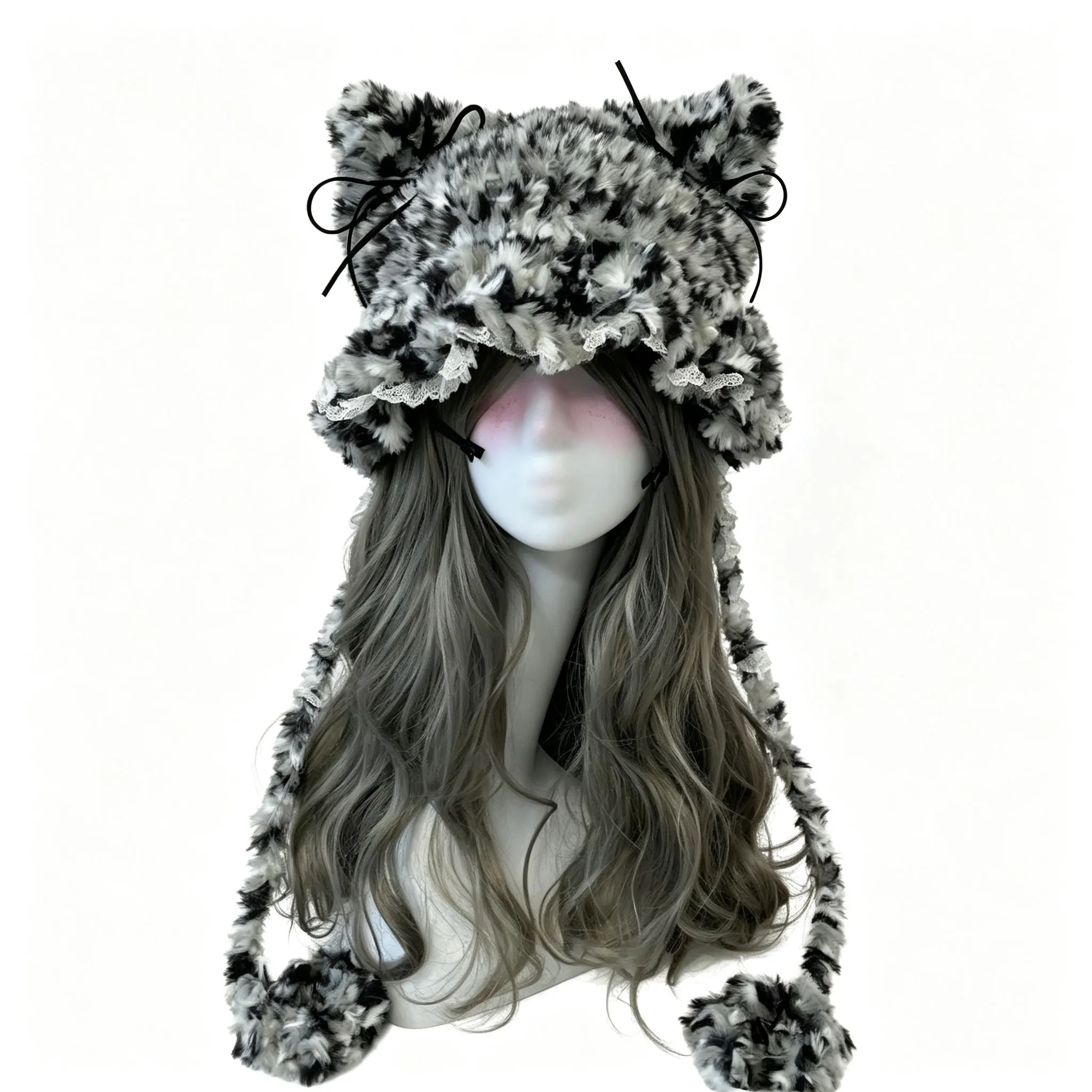 Handmade Black Grey Cat Ear Hat Women Winter Custom Crochet Soft Knitted Paw Beanie Men Warm Casual Gothic Cosplay Earflap Caps