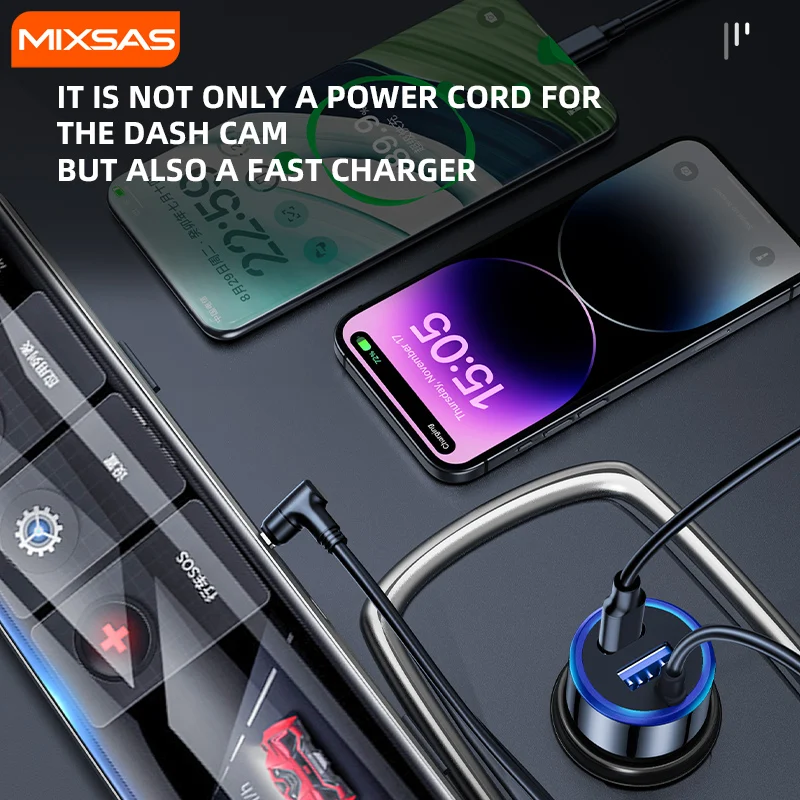 MIXSAS Mini USB Car DashCam Charger Cable Cigarette Lighter PD20W QC180W Fast Charging 3IN1 Car Power Charger 2Port DVR Adapter