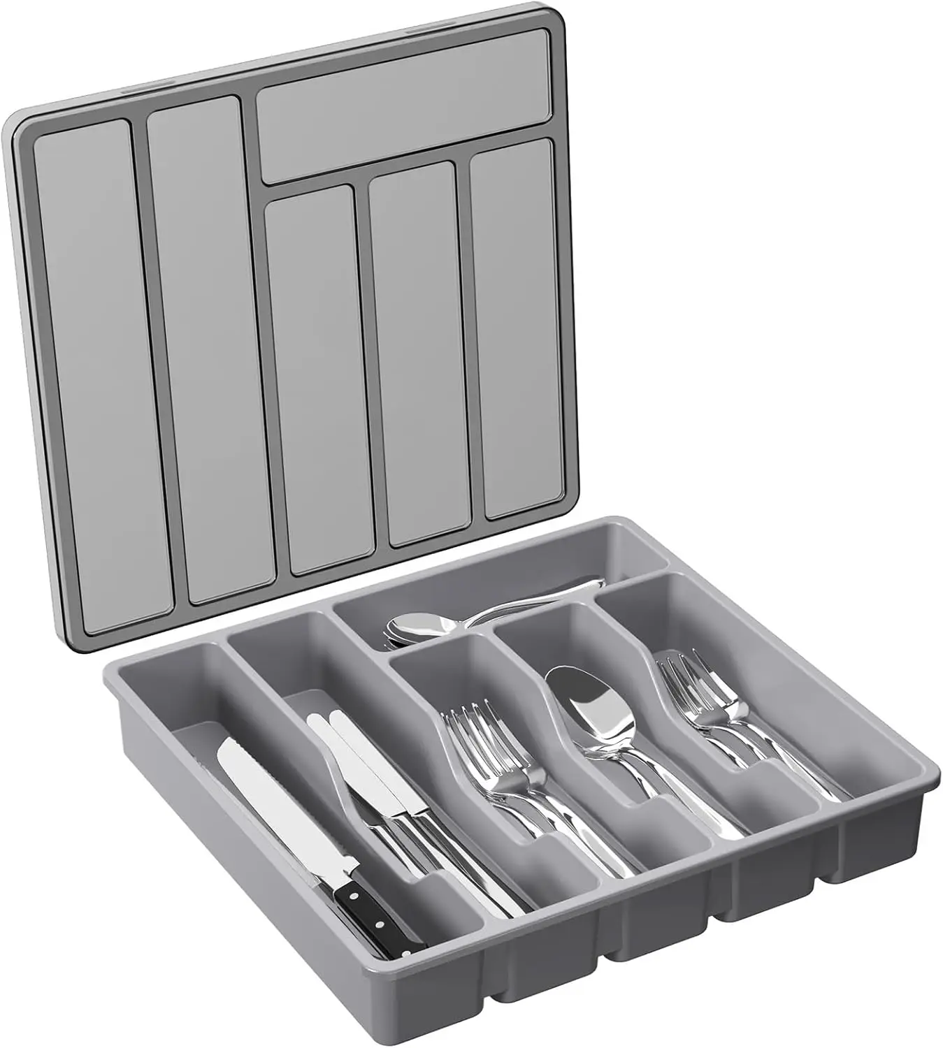 

Silverware Organizer with Lid, Covered Utensil Tray for Kitchen Drawer and Countertop, Plastic