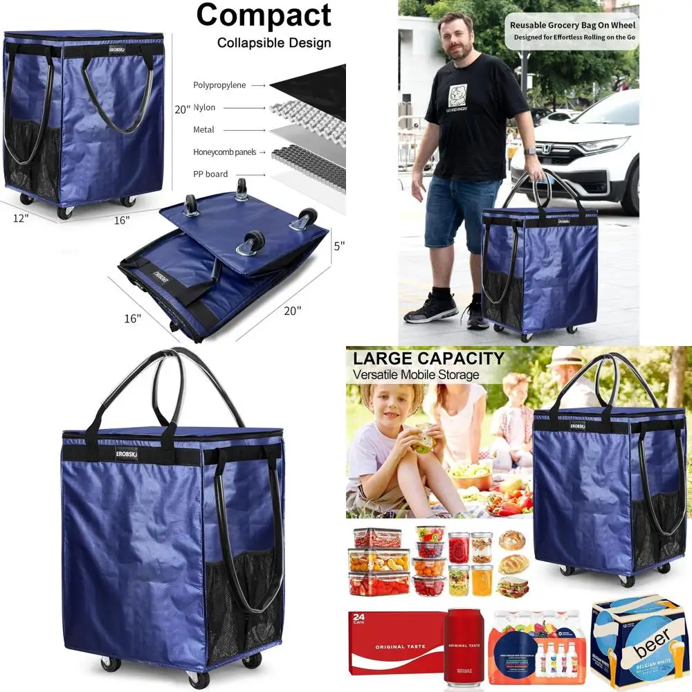 

70L Rolling Grocery Tote with Wheels, Holds 66 lbs, Zippered Closure, 4 Wheels, 3 Handles for Shopping and Laundry