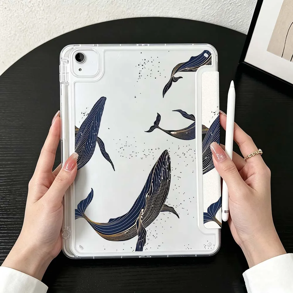 Blue Whale Art For iPad Mini Pro Air 5 6 7 8 9 10th 11th 11 9.7 10.9 13 inch Transparent Y-Shaped Folding Tablet Case
