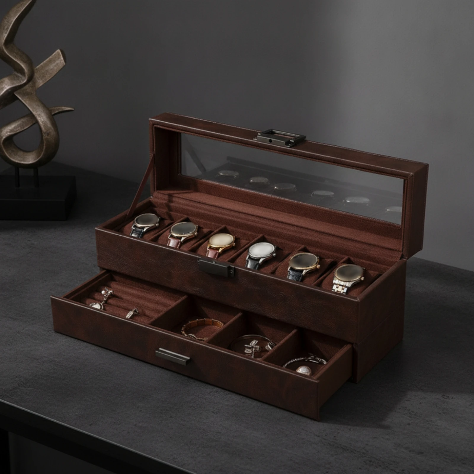 Watch and Jewelry Organizer Dust-Resistant Watch Box with Glass Lid Jewelry Box with Glass Lid Space-Saving Sturdy