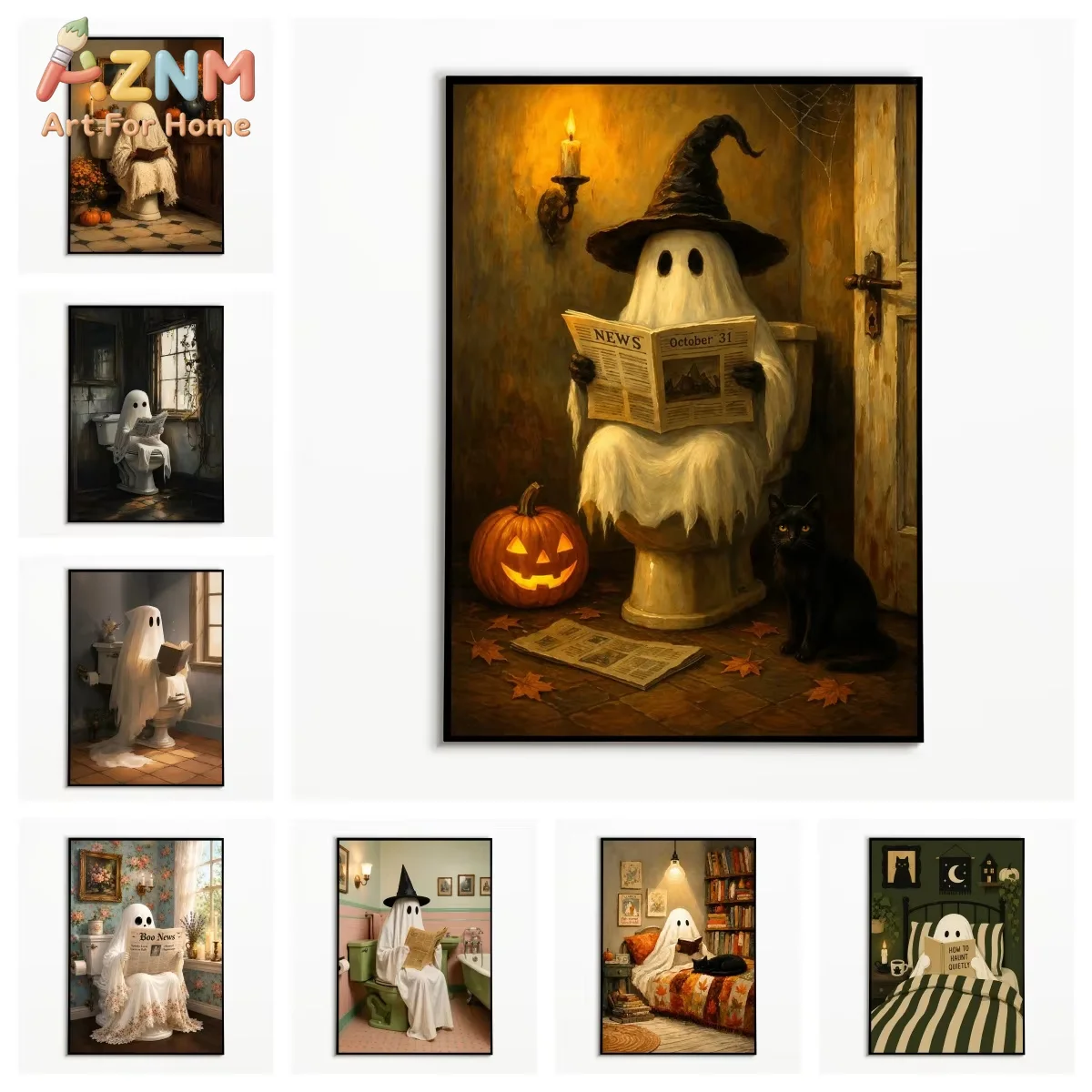 1PC Vintage Ghost Reading Newspaper on Toilet Poster Black Cat Pumpkin Wall Art Autumn Halloween Canvas Printing Fall Gift