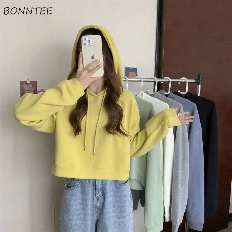 Hooded Hoodies Women High Waist Chic Loose Fit Ins Cozy Cropped Slouchy All-match Classic Minimalist Style Autumn Outwear Trendy