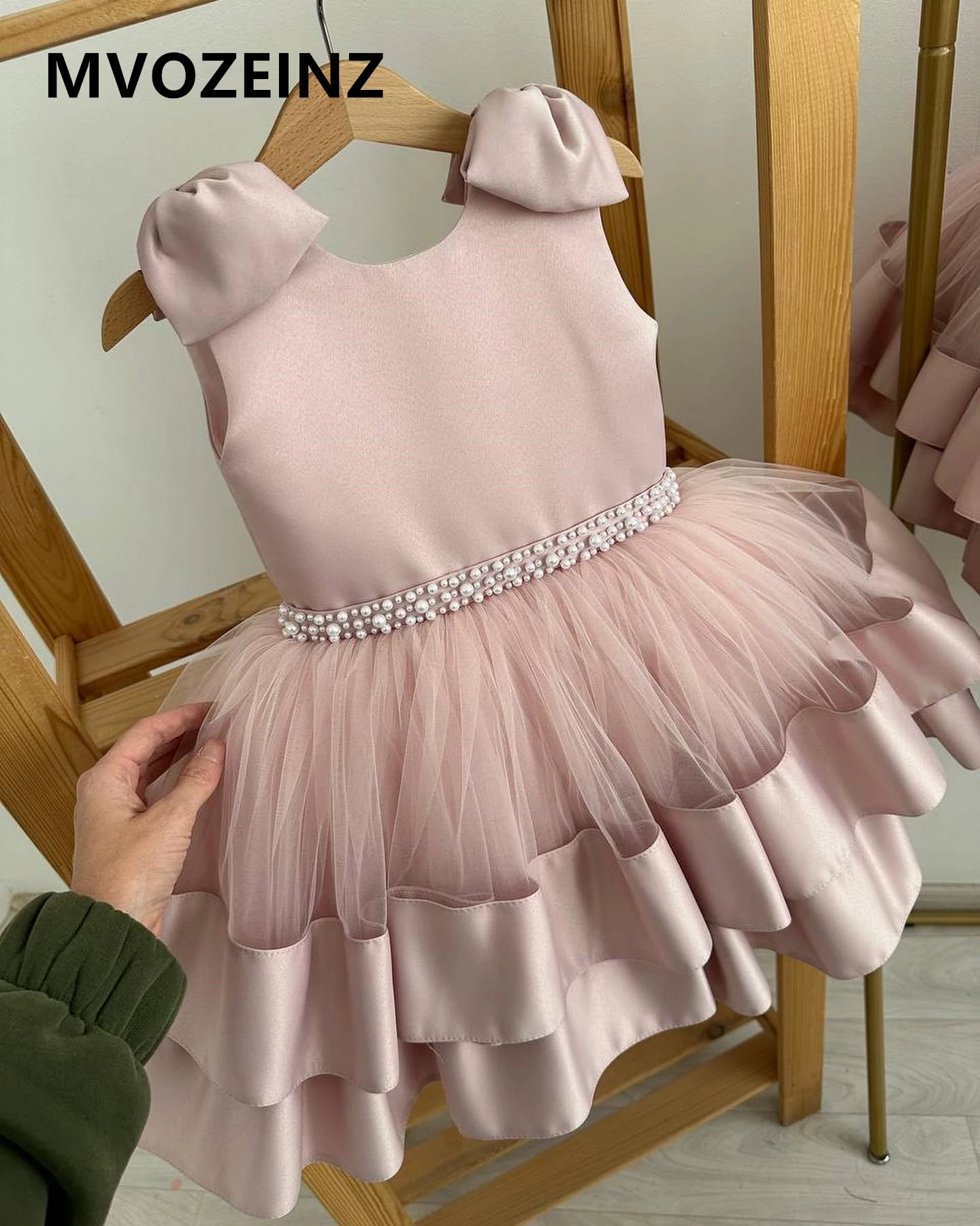 MVOZEINZ Cute Baby Girl Dresses Bow Layers Flower Girl Dresses Hand-Beading Belt Littler Girl Princess Dress First Communion