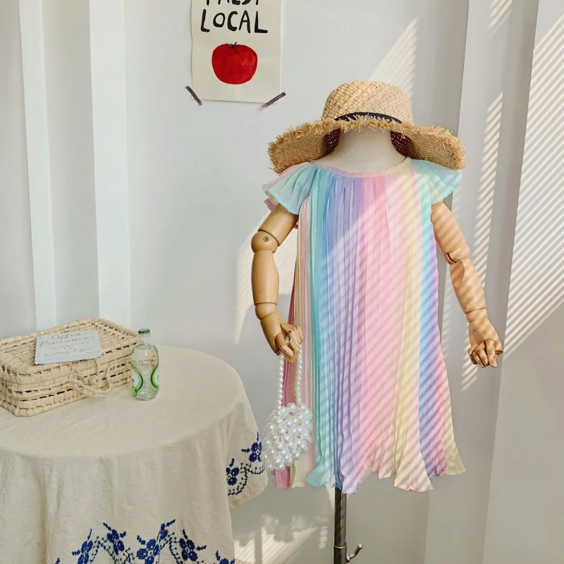 

New Arrival Children's Clothing Dress Girls' Summer Chiffon Pleated Dress Colorful Princess Dress