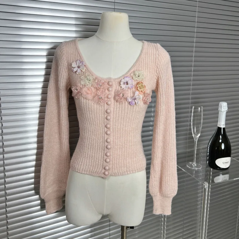 

Sweet 3D Floral Knitting Long Sleeve Pullovers 2025 Spring Women Lovely Jumpers Casual Y2K O-Neck Ladies Slim Sweater Tops Pull