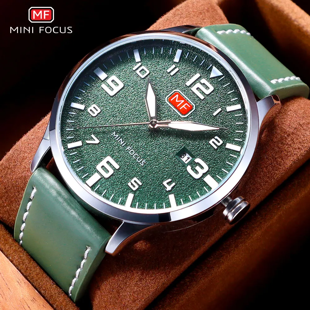 MINI FOCUS Army Sport Ultra Thin Quartz Watches Men Leather Strap Military Waterproof Wristwatch Man Clock Relogios 0158G Green