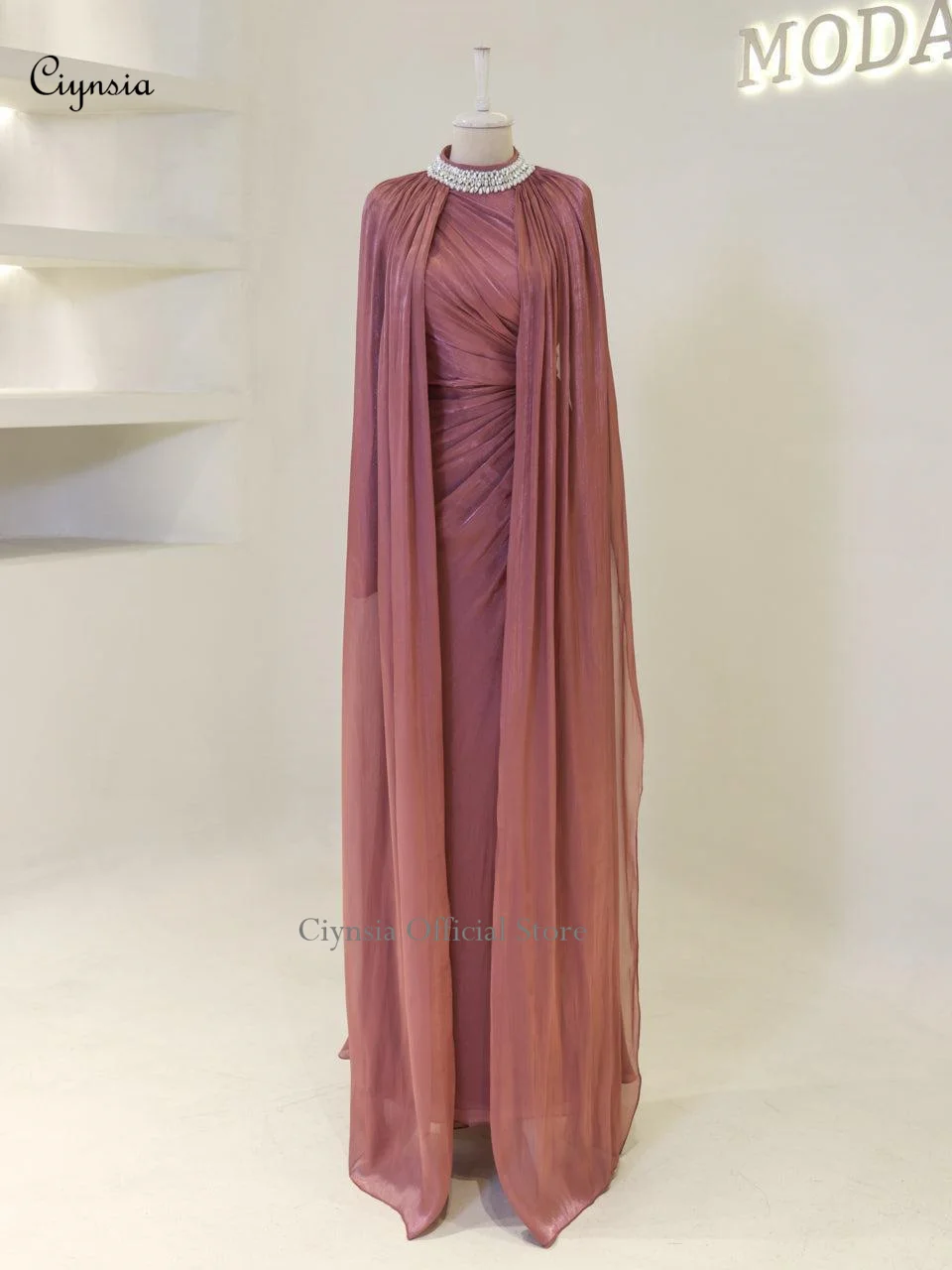 시인시아 이슬람 무슬림 이브닝 드레스 여성 우아한 비즈 크리스탈 넥 롱 슬리브 정장 드레스 베스티도스 데 갈라