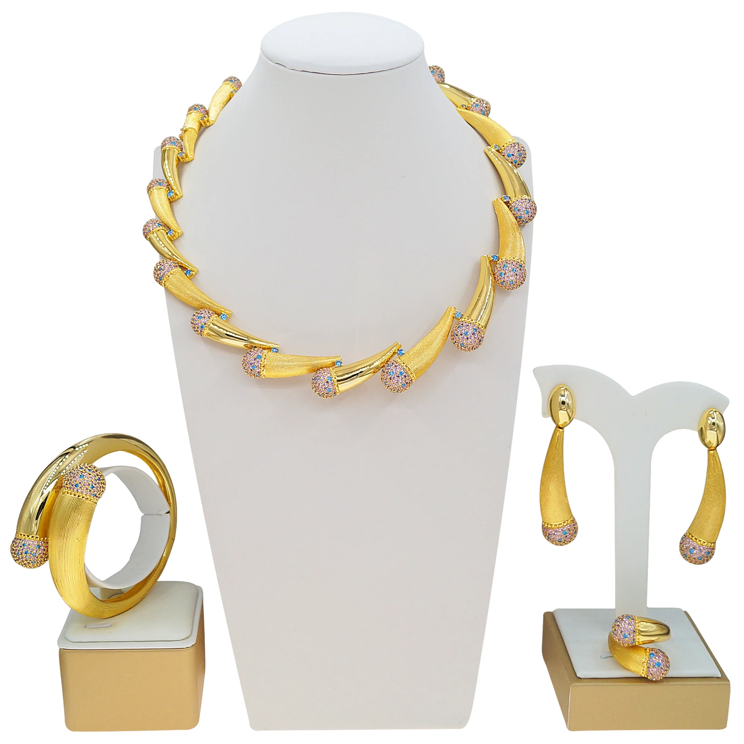 Luxury Modern CZ Jewelry Set Gold Plated Pink CZ Statement Necklace Ring Bracelet & Matching Earrings