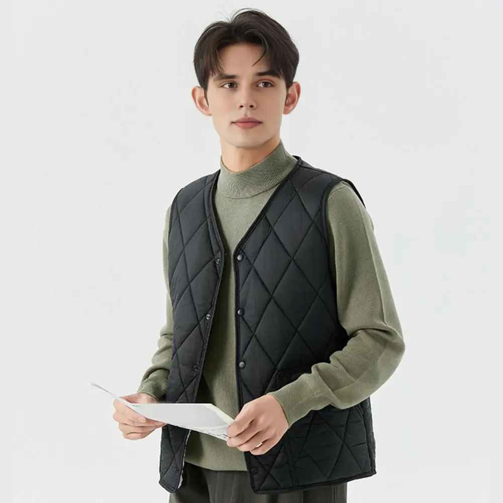 Men Winter Waistcoat No Collar Single Breasted Solid Color Waistcoat with Pockets Thickened Velvet Lining Vest Coat