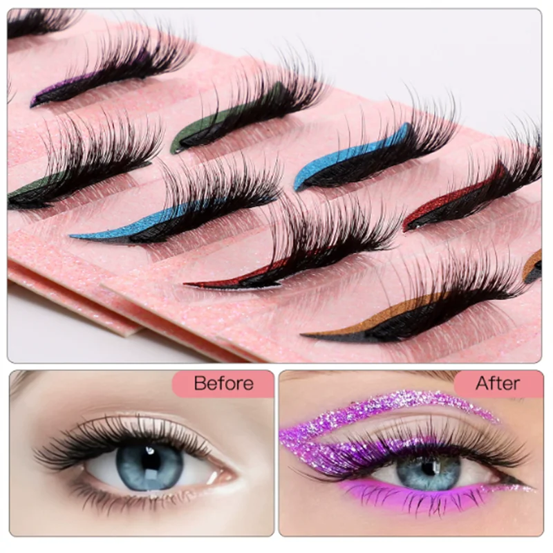 1-teiliges Set, bunter Lidschatten mit selbstklebenden falschen Wimpern, natürlich dick, gekräuselten Wimpern, einfach anzubringendes Augen-Make-up-Set