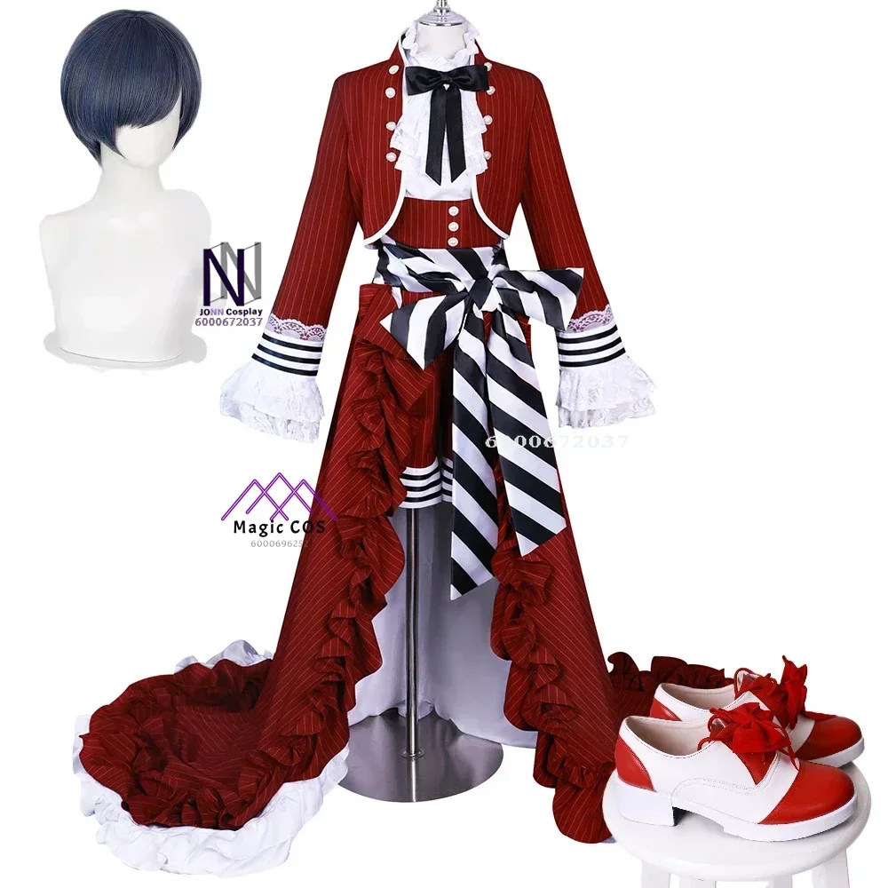 

Ciel Black Tea Cup Hot Cosplay Costume Butler Victorian-style Gown Red Gothic Lolita Long Dress Set Wig Halloween Outfit