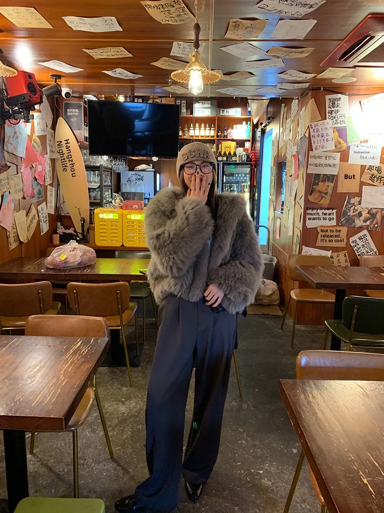 معطف فرو الثعلب الفضفاض للنساء، ملابس خارجية دافئة للشتاء بغطاء للرأس، لون رمادي، أكمام طويلة، ياقة مستديرة، أسلوب كوري عصري ...