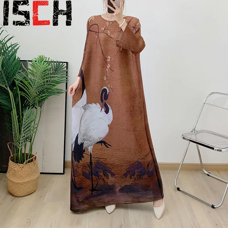 

Pleats Pleated Dresses Cranes Printed Foreign Trade Womens Long Robe Dresses Women's Large Size Long Dresses Gradient Long Skirt