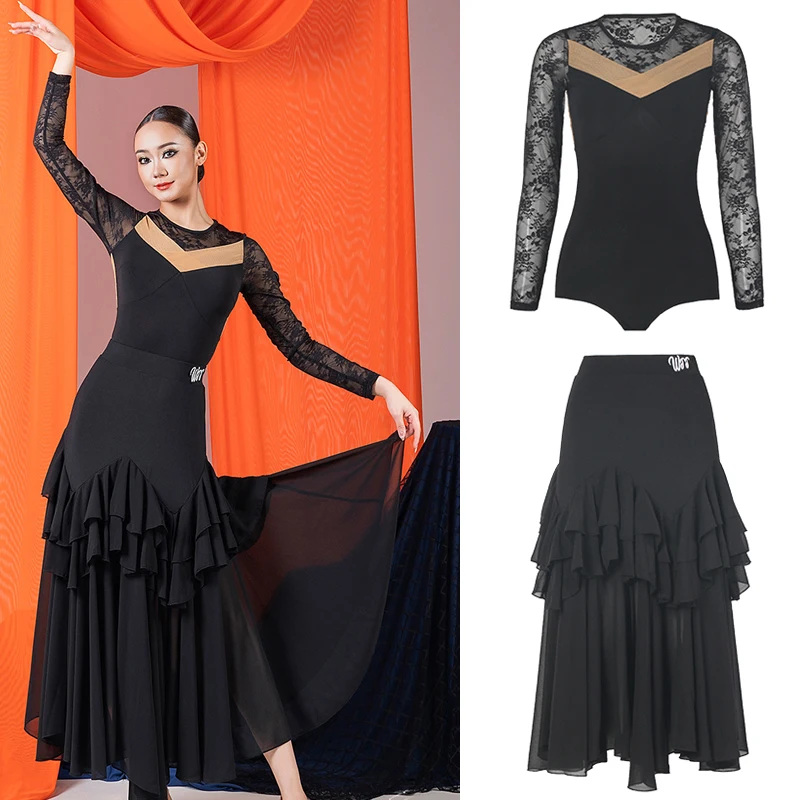 วอลทซ์บอลรูมแดนซ์การแข่งขันเครื่องแต่งกายผู้หญิงเต้นรำสมัยใหม่เสื้อผ้าผู้ใหญ่ตาข่ายละตินท็อป รัฟเฟลด์กระโปรงชุดเดรส SL13787