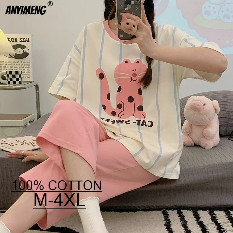 100% Cotton M-4XL Women Pajamas Set Summer Sleepwear Short Sleeve Knee-length Pants Nightwear Capris Loungewear Cartoon Pijama