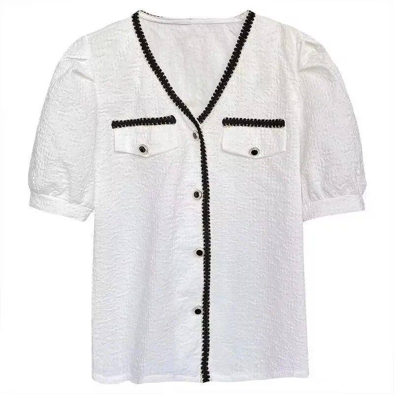 Camisa elegante de manga corta con cuello en V para mujer, blusa coreana holgada de estilo francés, Top blanco con mangas abullonadas, ropa Y2k para mujer