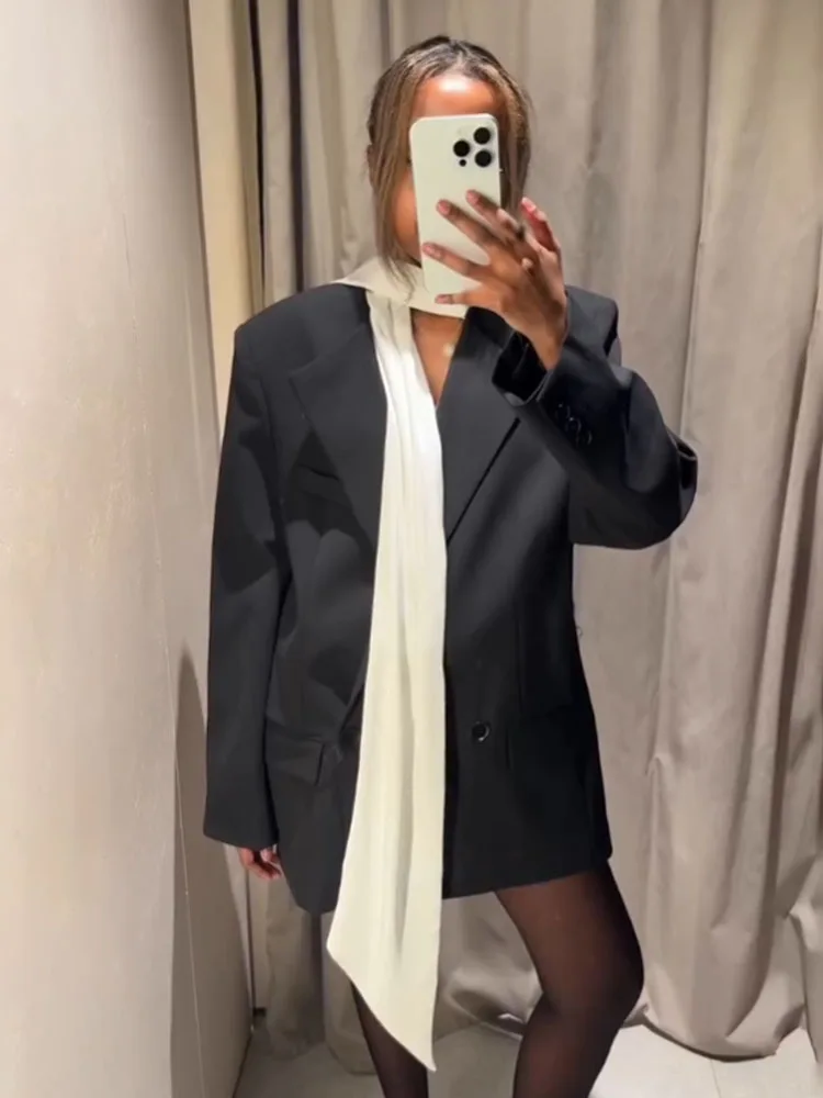 HH Cappotto blazer nero con design a bavero con tasca doppio petto moda donna cappotto da strada elegante allentato casual a maniche lunghe da donna