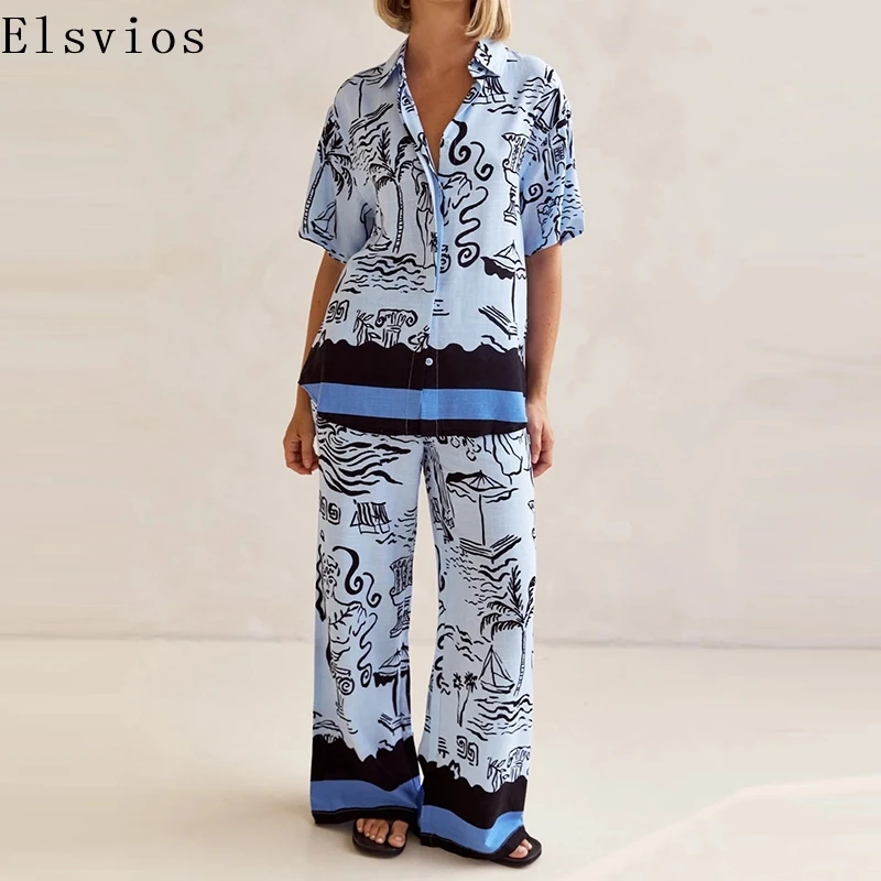 

Elegant Pattern Printed Loose Set Women Casual Short Sleeve Shirts & Pocket Pant Suit Fashion Lapel Button Homewear 2Pc Outfits