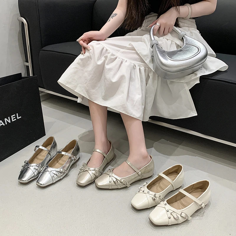 Zapatos Mary Jane de Mujer con Punta Cuadrada, Doble Correa, Lazo y Remaches, Zapatos Planos Plateados Beige con Suela Suave para Uso Diario, Casual y de Vestir