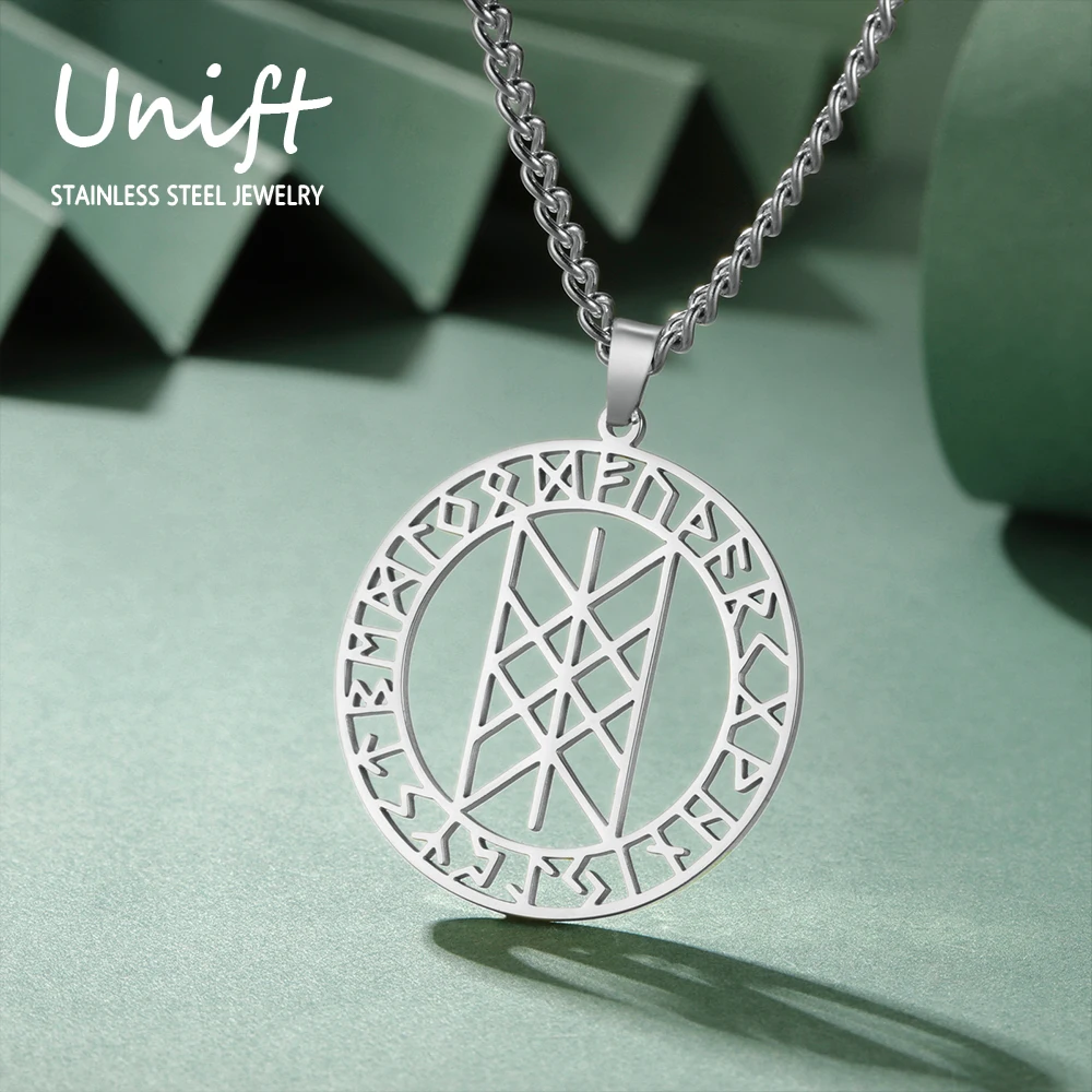 Unift Vegvisir Web of Wyrd Necklace Stainless Steel Viking Nordic Rune Skuld’s Net Vintage Mythology Protection Jewelry Women