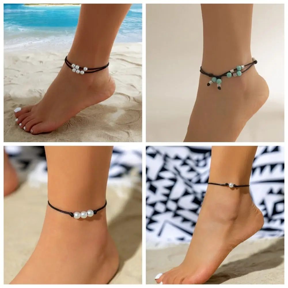

Bohemian Black Wax Thread Ankle Chain Simple Charms Imitation Pearl Adjustable Beach Foot Anklet Summer Jewelry Gift