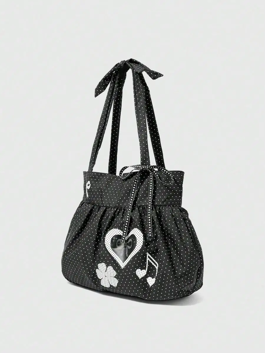 

Black Polka Dot Bow Heart Music Note Shoulder Tote Bag For Women Casual Vintage Large Capacity