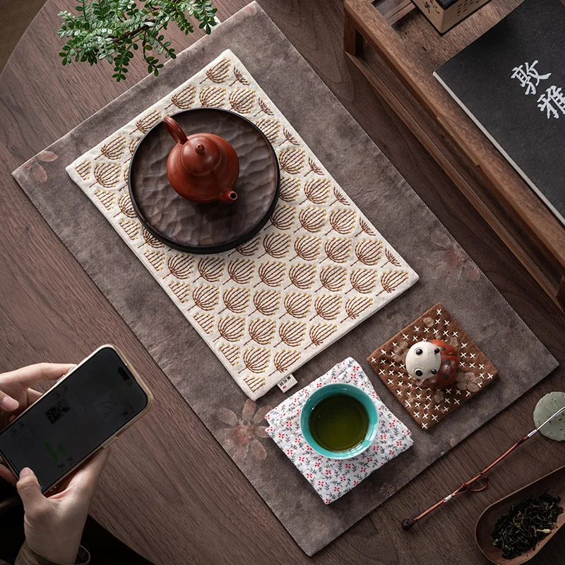 Chinese Linen Cotton Gathered Edge Tassel Tea Mat Hand Embroidered Dry Brewing Mat Minimalist High Grade Waterproof Tea Pad
