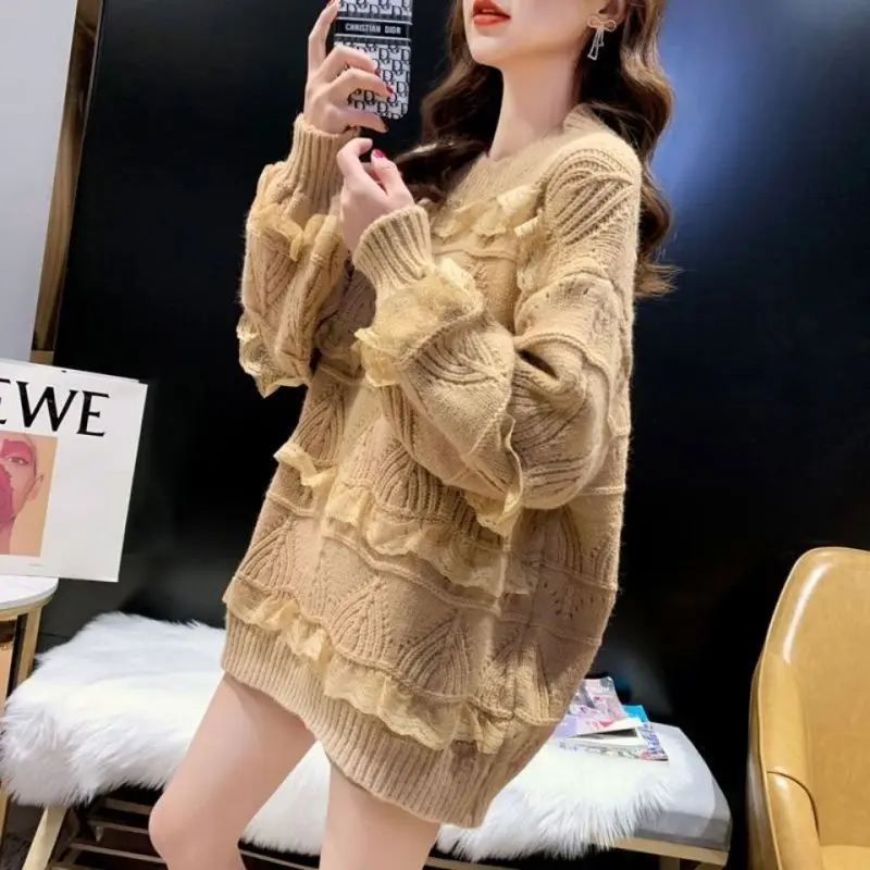 Casual Fashion Lace Patchwork Sweaters Female Clothing Vintage Solid Color Autumn Winter O-Neck Loose All-match Knitted Jumpers