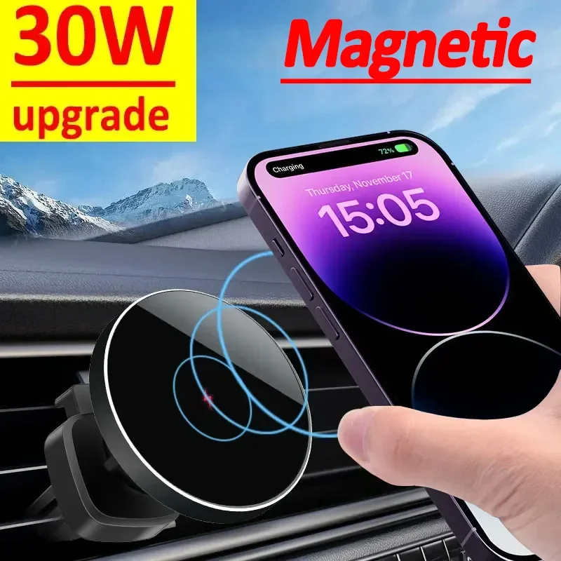 30W Magnetic Car Wireless Charger Phone Holder Stand for iPhone 15 14 13 12 Pro Max Samsung Car Mount Fast Charging Dock Station