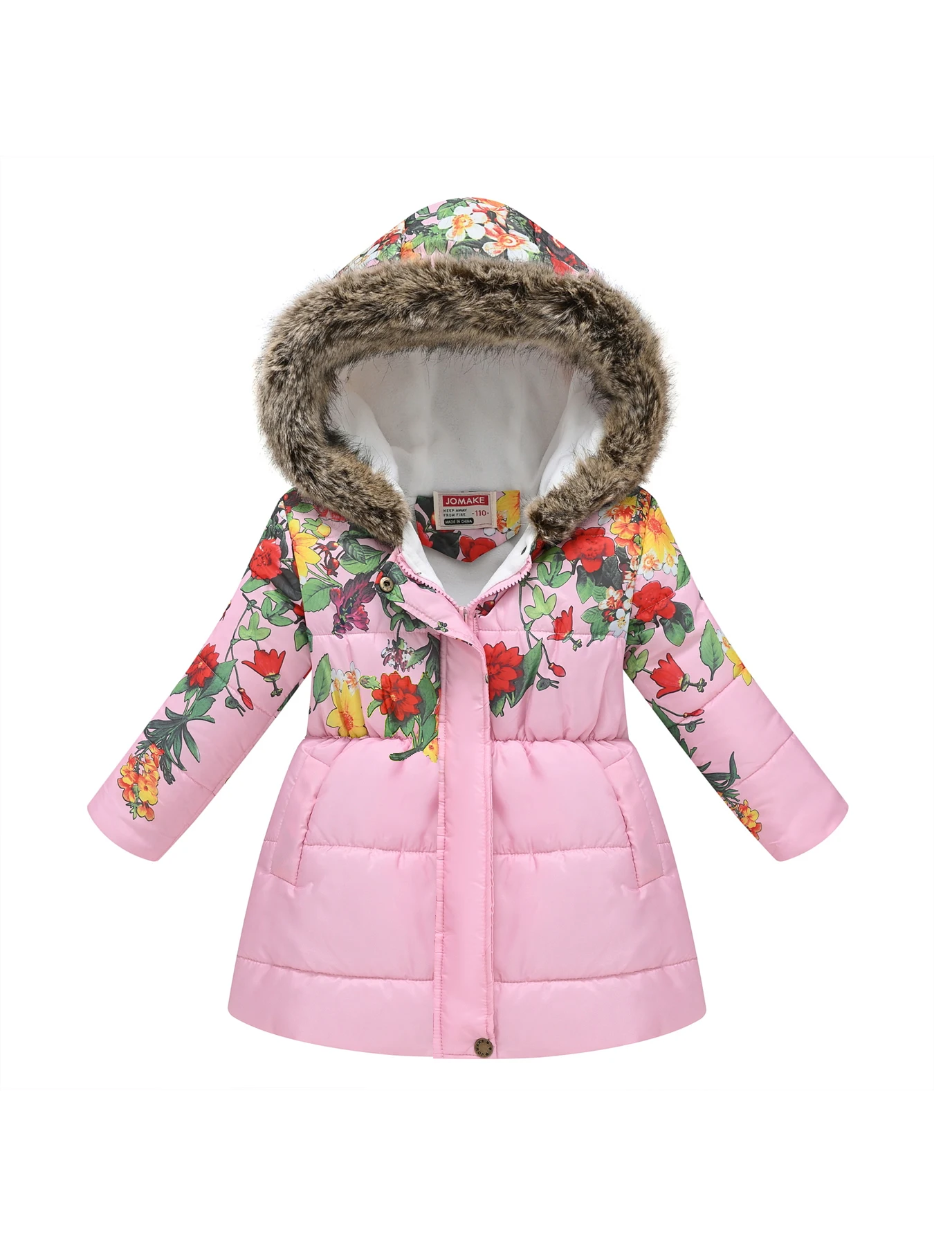 Girls\' Warm Coat with Flower Print & Fleece Hood - Perfect for Winter!