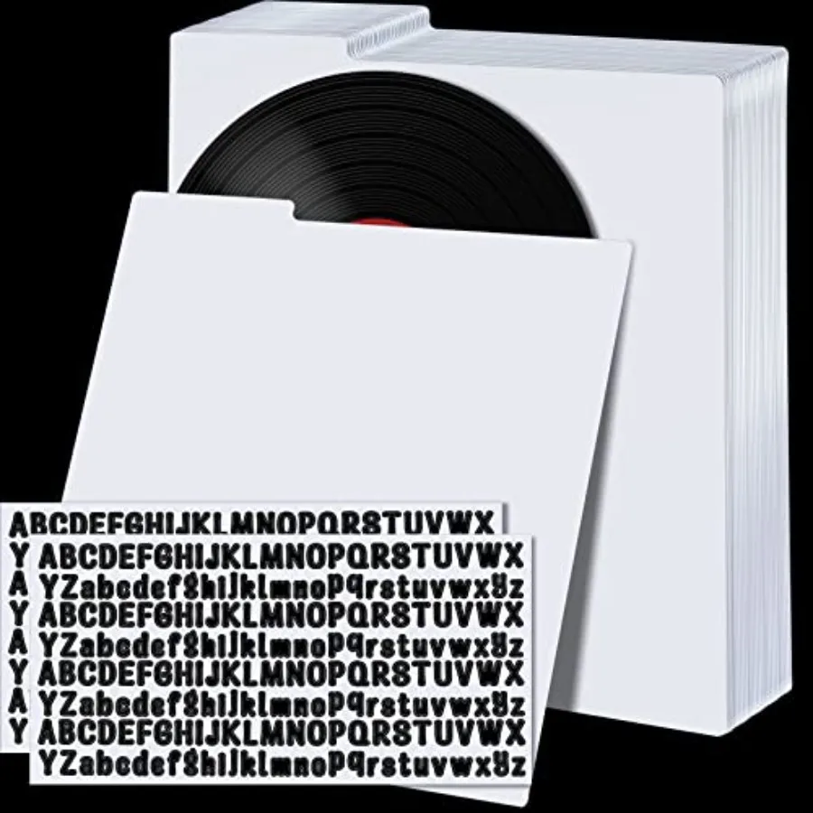 

60 разделителей для виниловых пластинок 12,5 x 13,49 дюймов, аксессуары для виниловых пластинок с 2 листами наклеек A-Z для организации и защиты, глянцевые, белые