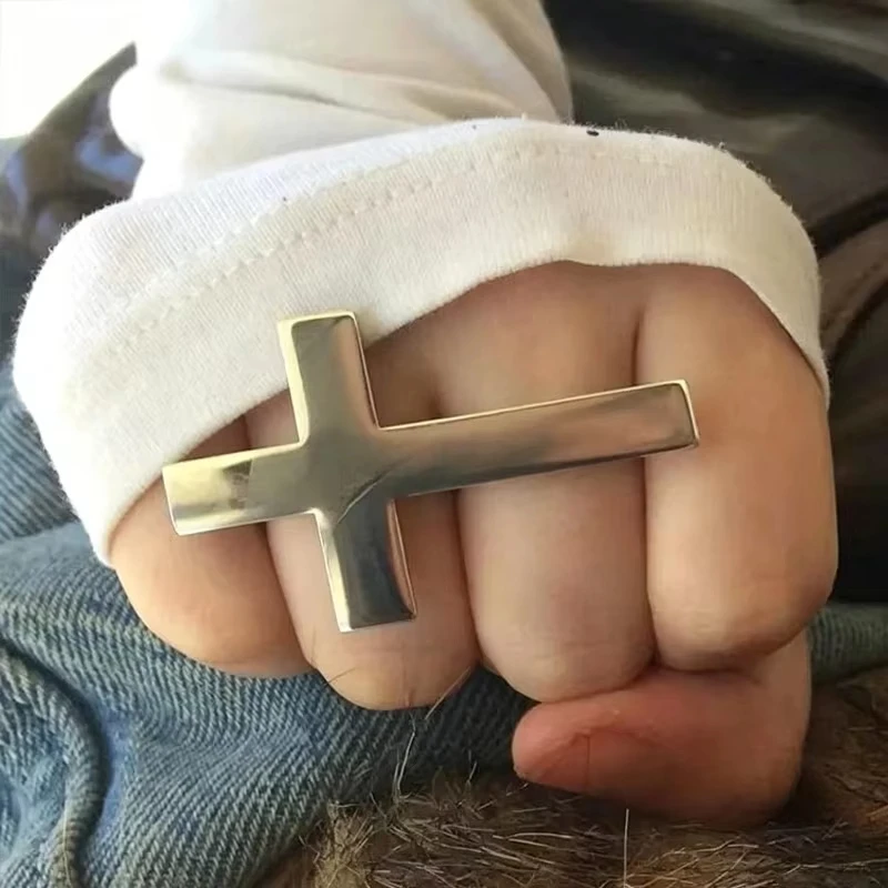 Anillo de dos dedos con cruz para hombre, anillos abiertos vintage con cruz grande, anillos góticos de moda en color oro y plata, anillos cristianos para los dedos.