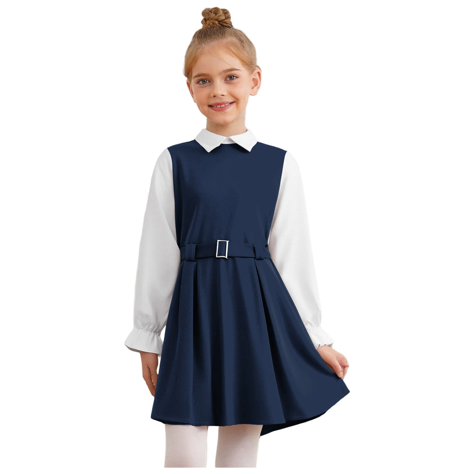 

Kids Girls School Uniform Dress Turn-Down Collar Long Sleeve Invisible Zipper Color Block Pleated Dress with Belt Chior Costume