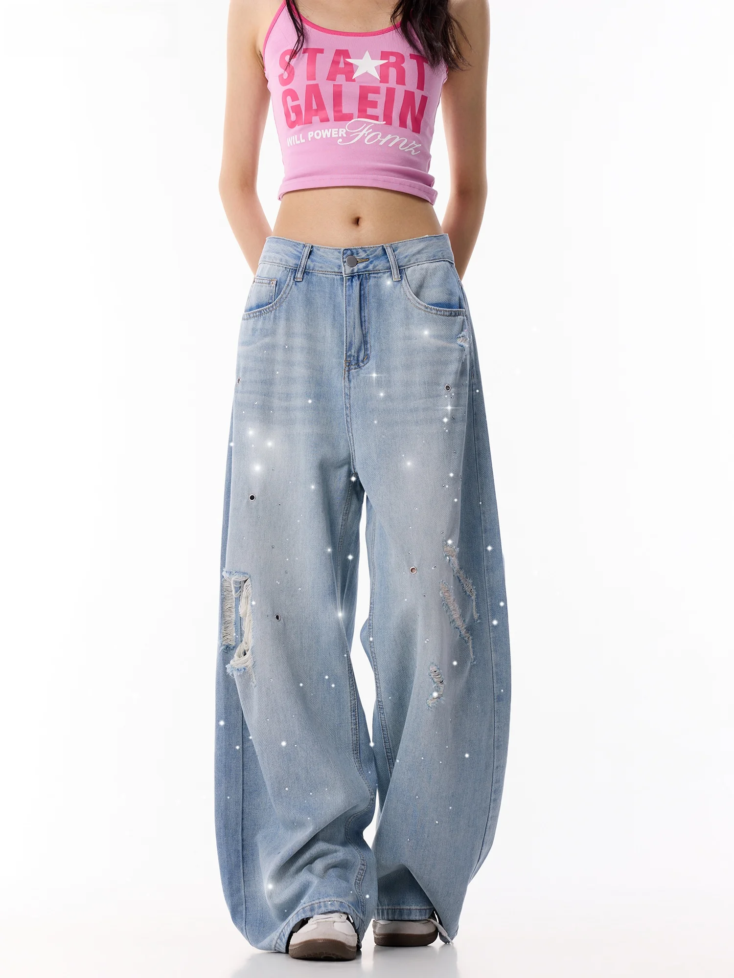 

Summer New Women's Ripped Skinny Jeans Thin American Casual Super Soft Straight Leg Floor-Length Pants Breathable Comfortable