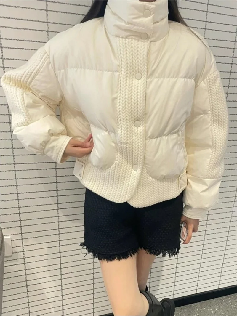 

White Knitted Splicing Stand up Collar Short Down Cotton Jacket for Women's Winter 2026 New Fashionable Warm Versatile Coat j018